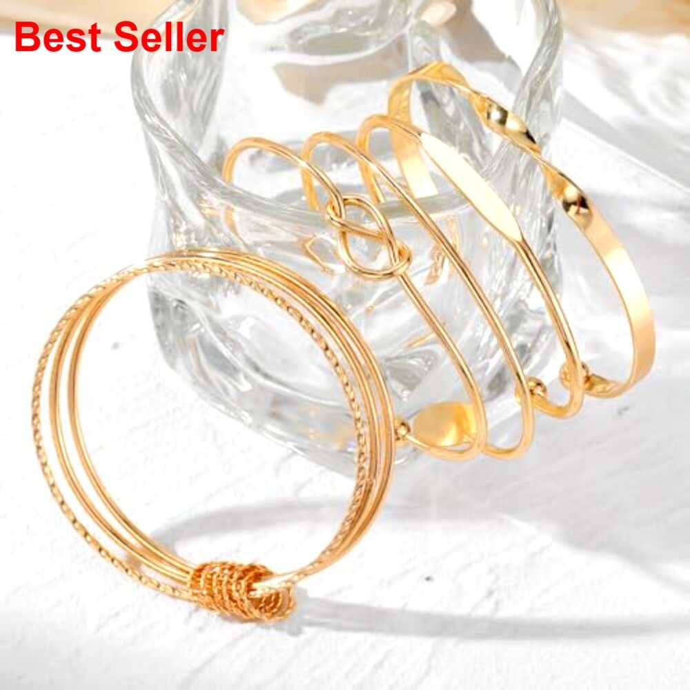 14k Gold-Plated Stackable Cuff Bracelets Set, Adj… - image 2